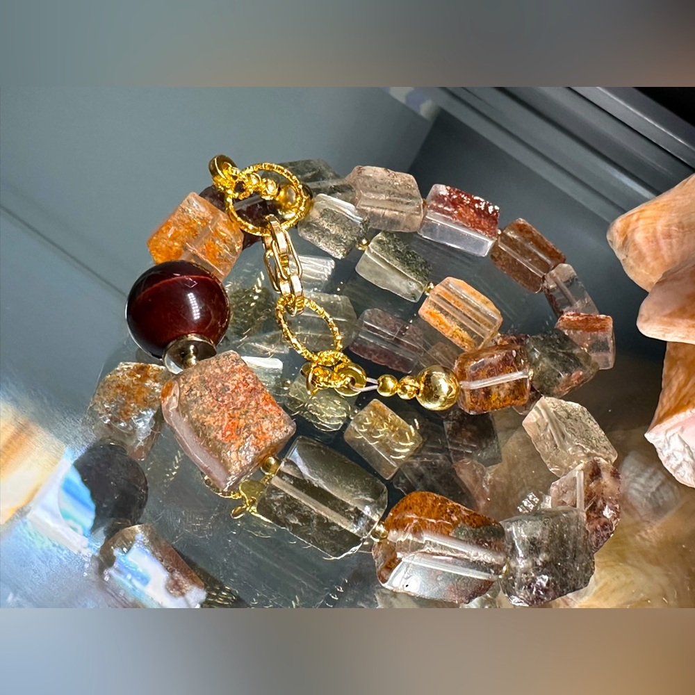 GOLDEN PHANTOM QUARTZ + TIGERS EYE STONES NATURAL NECKLACE - Picture 5 of 16